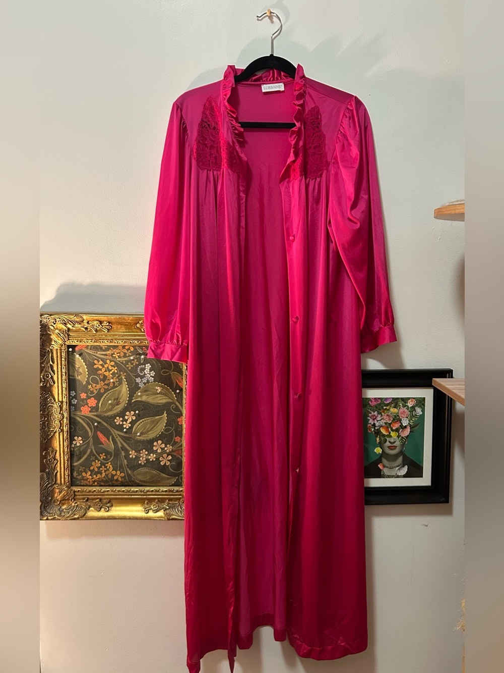 Vintage Women's Fuchsia Long Nightgown / Duster with Lace Trim